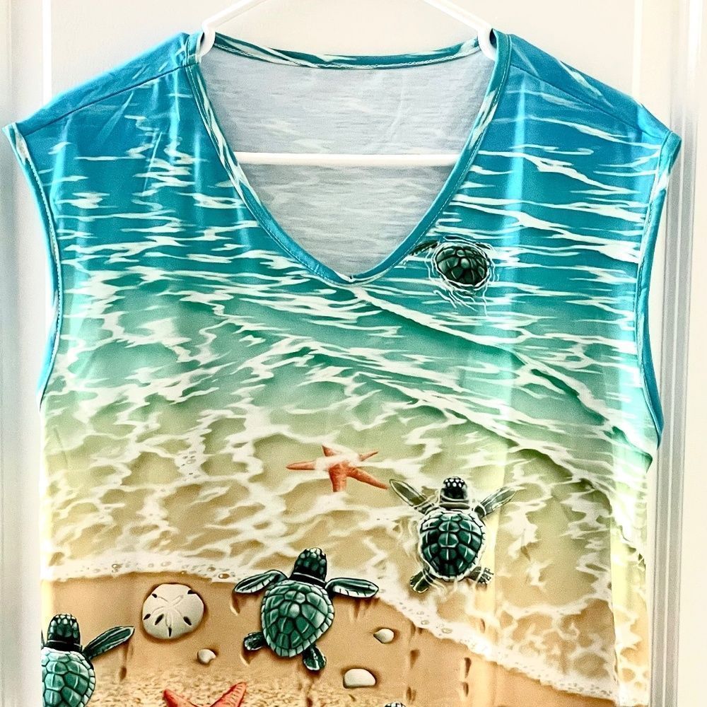 Beach Design Polyester Tank-Top Shirt, Turtles, Seashells, Summer Shirt Size L